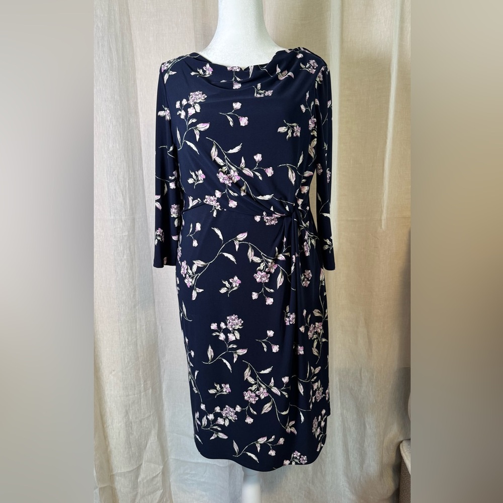 Lauren Ralph Lauren Navy Floral Draped Midi Dress - Size 14